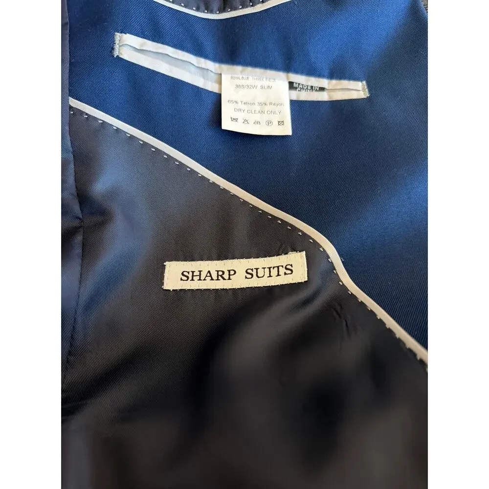 sharp Suits 3 piece suit royal blue 38S 32W euro slim